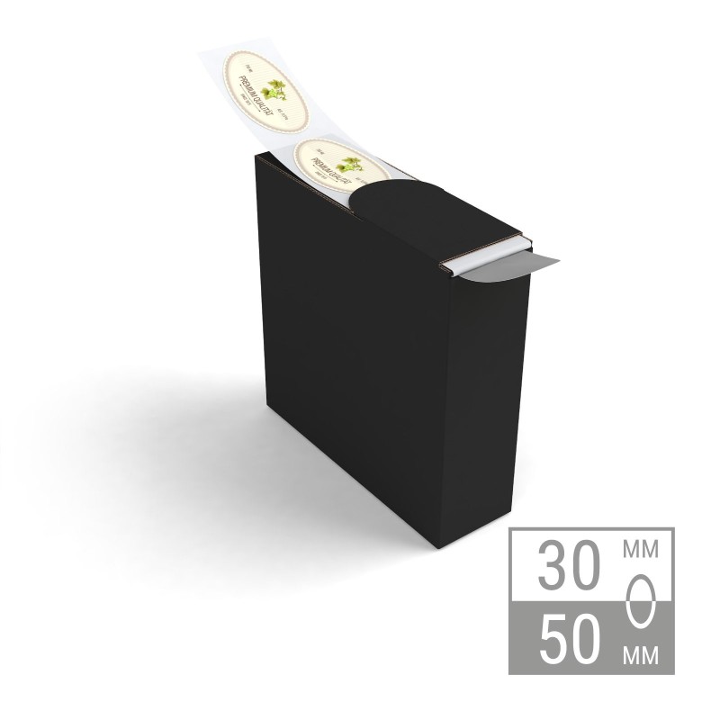 Etiketten auf Rolle | oval 50x30mm Etiketten in Spenderboxen
